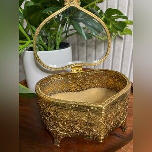 Heart Shaped Beveled Glass Ormolu Filigree Trinket Jewelry Box Hollywood Regency